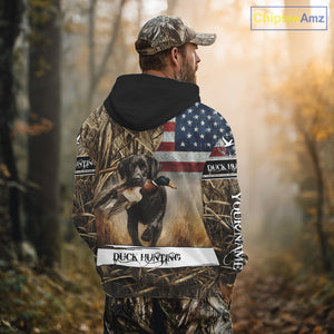 Duck Hunting Waterfowl Camo US Flag Black Labrador Retriever Dog Shirts, Duck Hunting Gifts NBT80