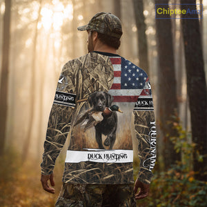 Duck Hunting Waterfowl Camo US Flag Black Labrador Retriever Dog Shirts, Duck Hunting Gifts NBT80