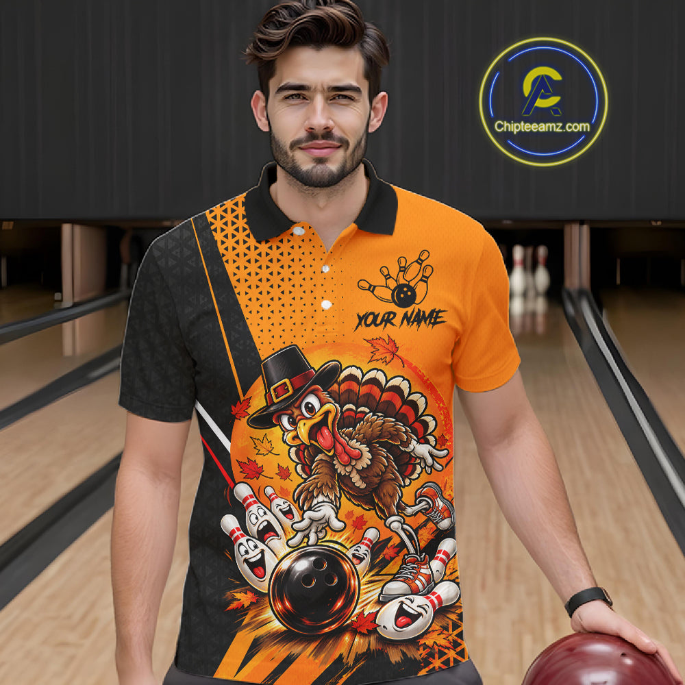 Black And Orange Custom Turkey Bowling Shirts For Men, Thanksgiving Bowling Team Jerseys NBT1227