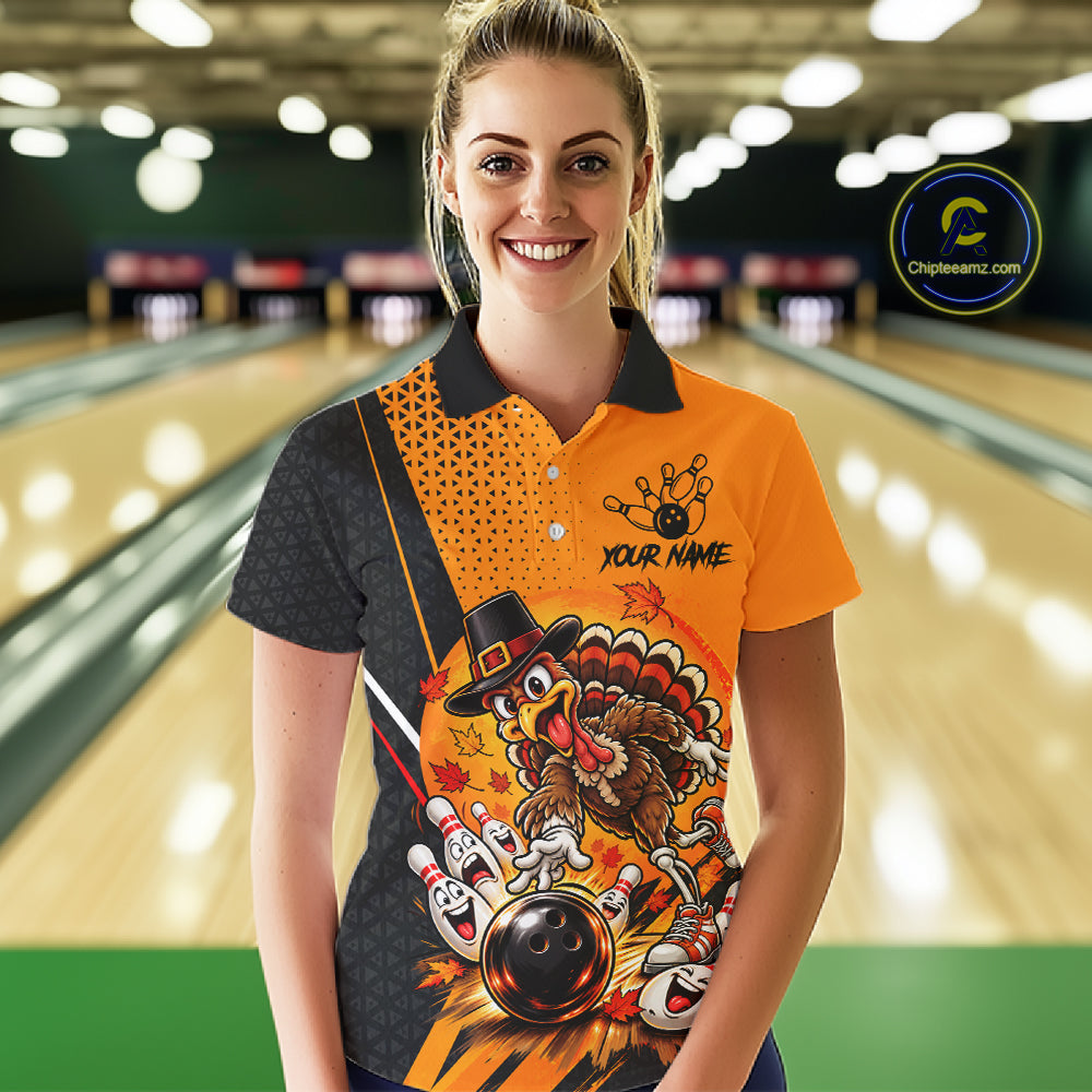 Black And Orange Custom Turkey Bowling Shirts For Women, Thanksgiving Bowling Team Jerseys NBT1227