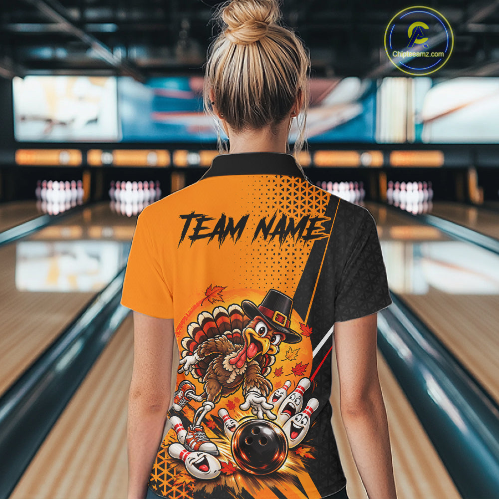 Black And Orange Custom Turkey Bowling Shirts For Women, Thanksgiving Bowling Team Jerseys NBT1227