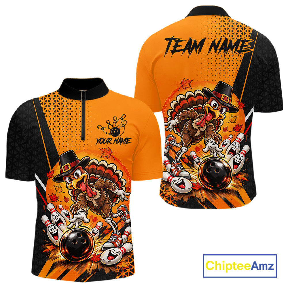 Black And Orange Custom Turkey Bowling Shirts For Men, Thanksgiving Bowling Team Jerseys NBT1227