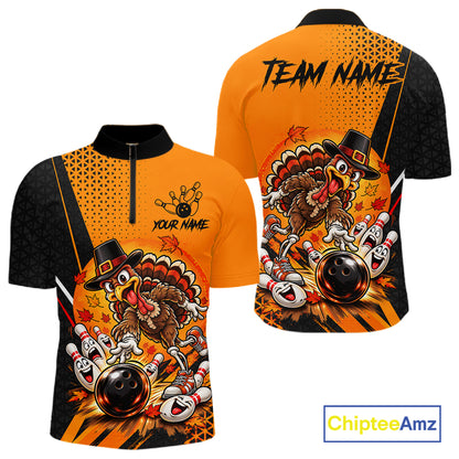 Black And Orange Custom Turkey Bowling Shirts For Men, Thanksgiving Bowling Team Jerseys NBT1227
