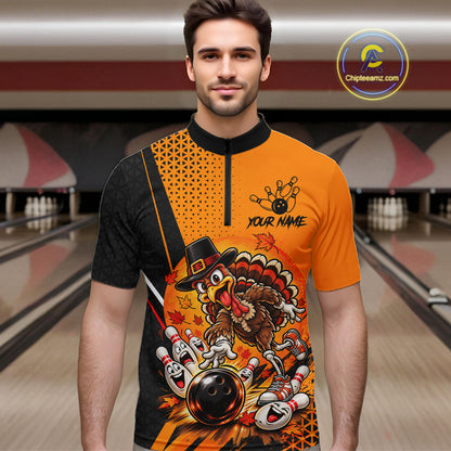 Black And Orange Custom Turkey Bowling Shirts For Men, Thanksgiving Bowling Team Jerseys NBT1227