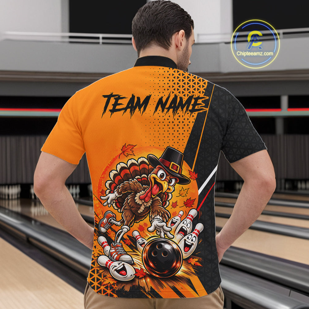 Black And Orange Custom Turkey Bowling Shirts For Men, Thanksgiving Bowling Team Jerseys NBT1227