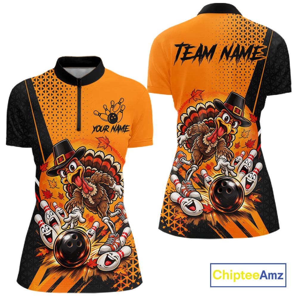 Black And Orange Custom Turkey Bowling Shirts For Women, Thanksgiving Bowling Team Jerseys NBT1227