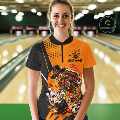 Black And Orange Custom Turkey Bowling Shirts For Women, Thanksgiving Bowling Team Jerseys NBT1227