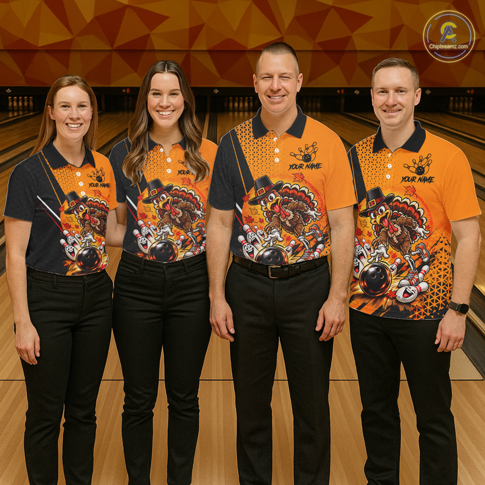Black And Orange Custom Turkey Bowling Shirts For Men, Thanksgiving Bowling Team Jerseys NBT1227