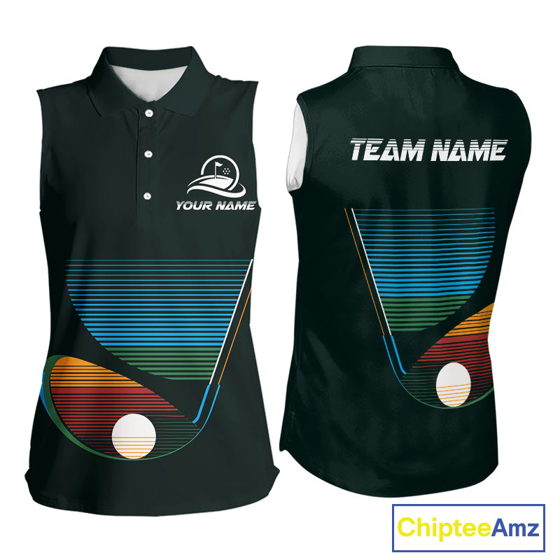 Women's custom sleeveless golf team polo shirt, colorful club design front view