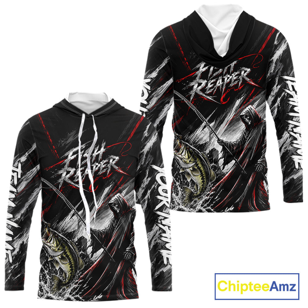 Personalized  Bass Fishing Fish Reaper Long Sleeve Hooded Fishing Shirts, Fish Reaper Skull Fishing Jerseys NBT1099