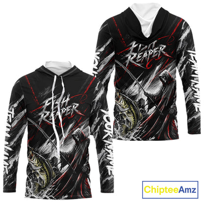 Personalized  Bass Fishing Fish Reaper Long Sleeve Hooded Fishing Shirts, Fish Reaper Skull Fishing Jerseys NBT1099