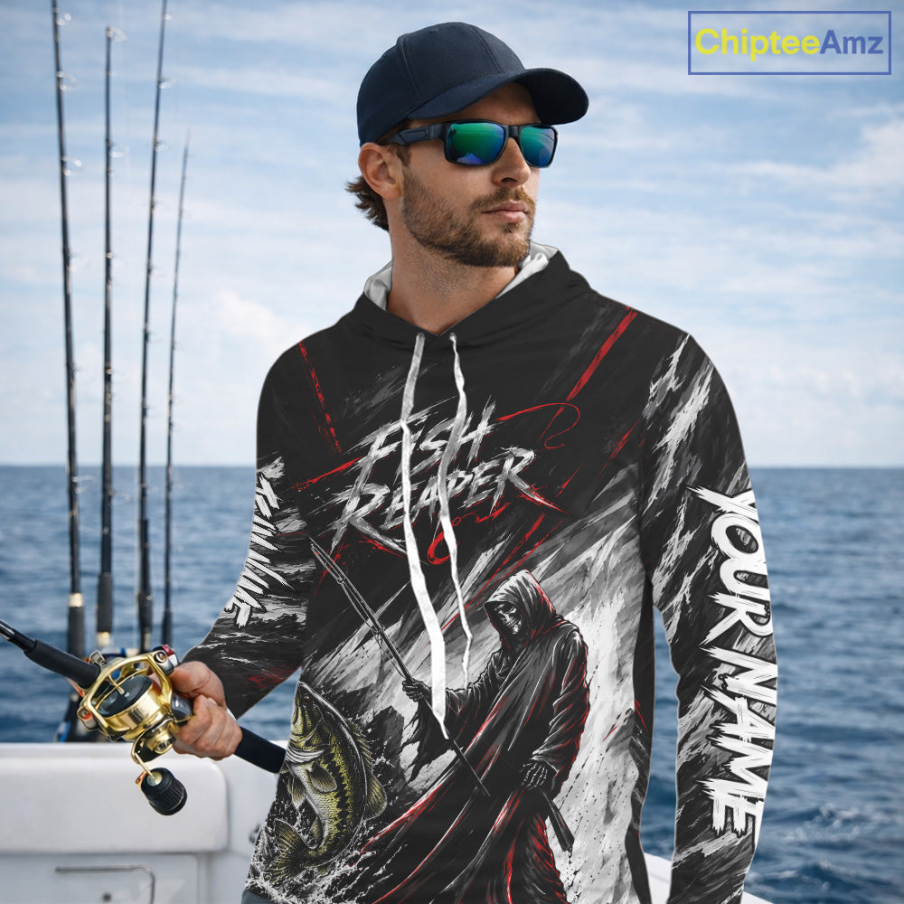 Personalized  Bass Fishing Fish Reaper Long Sleeve Hooded Fishing Shirts, Fish Reaper Skull Fishing Jerseys NBT1099