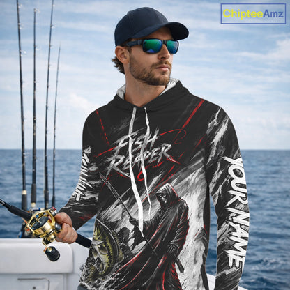 Personalized  Bass Fishing Fish Reaper Long Sleeve Hooded Fishing Shirts, Fish Reaper Skull Fishing Jerseys NBT1099
