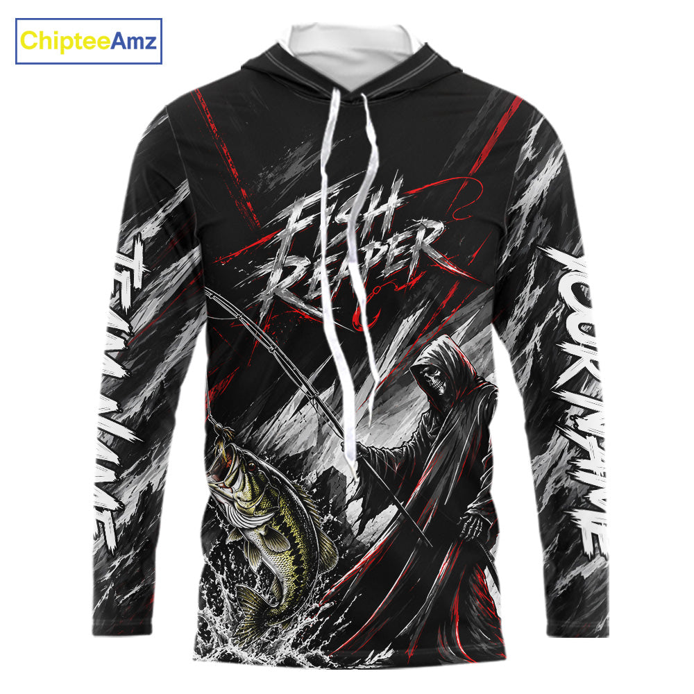 Personalized  Bass Fishing Fish Reaper Long Sleeve Hooded Fishing Shirts, Fish Reaper Skull Fishing Jerseys NBT1099