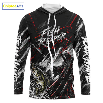 Personalized  Bass Fishing Fish Reaper Long Sleeve Hooded Fishing Shirts, Fish Reaper Skull Fishing Jerseys NBT1099