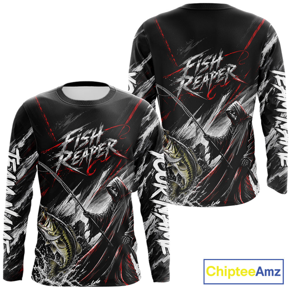 Personalized  Bass Fishing Fish Reaper Long Sleeve Fishing Shirts, Fish Reaper Skull Fishing Jerseys NBT1099