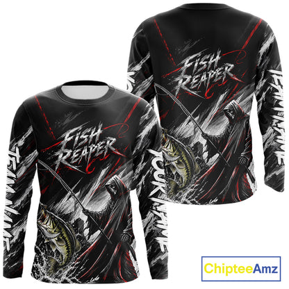 Personalized  Bass Fishing Fish Reaper Long Sleeve Fishing Shirts, Fish Reaper Skull Fishing Jerseys NBT1099