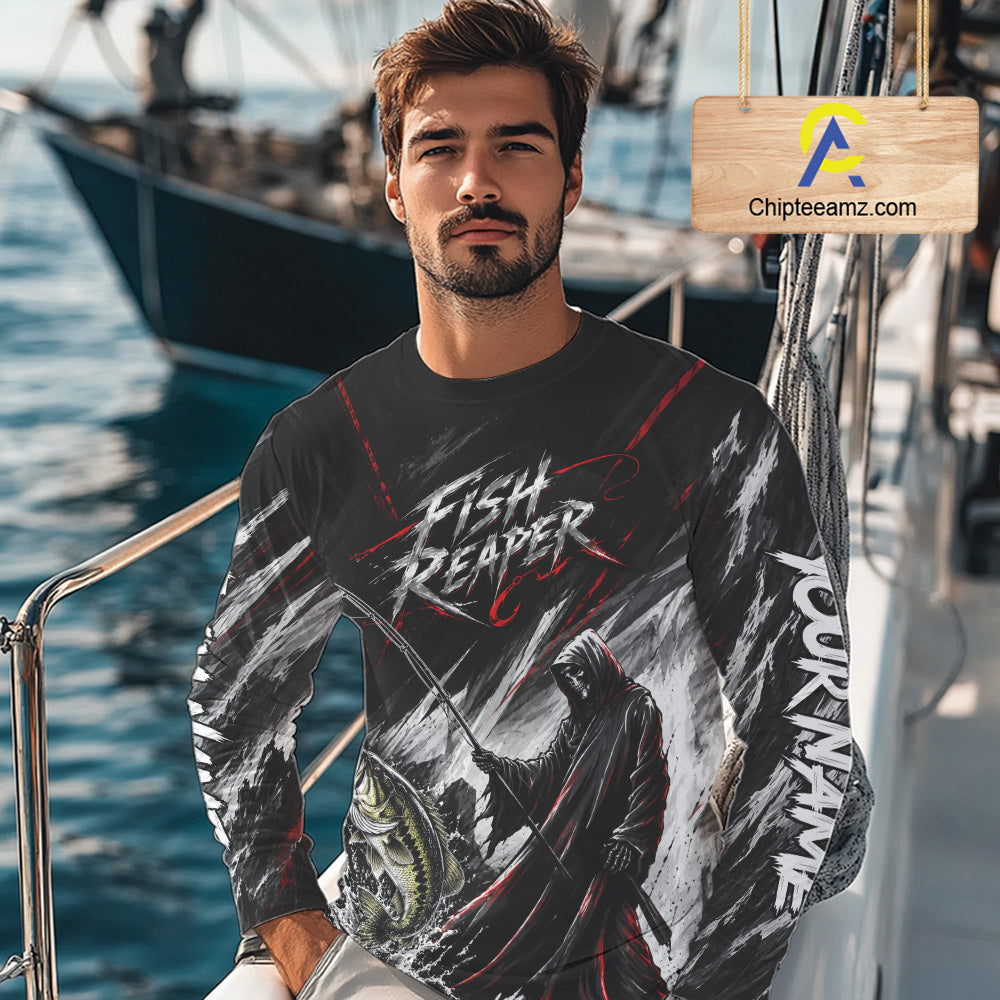 Personalized  Bass Fishing Fish Reaper Long Sleeve Fishing Shirts, Fish Reaper Skull Fishing Jerseys NBT1099