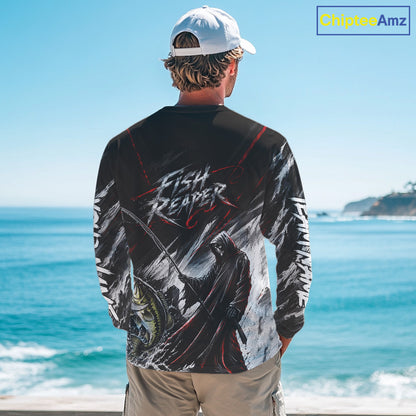 Personalized  Bass Fishing Fish Reaper Long Sleeve Fishing Shirts, Fish Reaper Skull Fishing Jerseys NBT1099