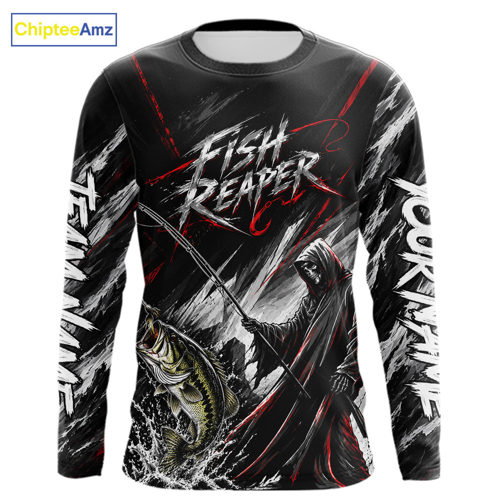 Personalized  Bass Fishing Fish Reaper Long Sleeve Fishing Shirts, Fish Reaper Skull Fishing Jerseys NBT1099