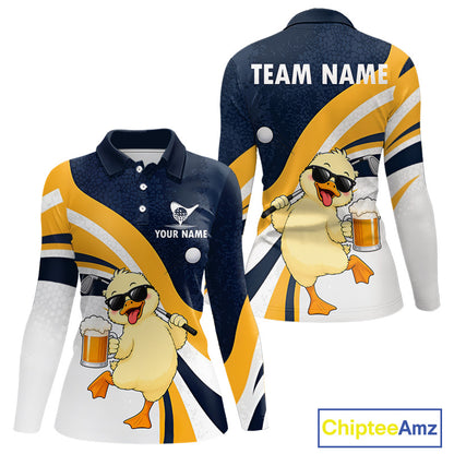Funny Duck Golf Polo Shirt For Women, Cute Duck With Beer Print Shirt, Golf Gifts NBT1100