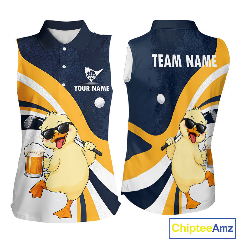 Funny Duck Women Sleeveless Golf Polo Shirt, Cute Duck With Beer Print Shirt, Golf Gifts NBT1100