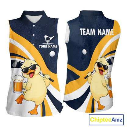 Funny Duck Women Sleeveless Golf Polo Shirt, Cute Duck With Beer Print Shirt, Golf Gifts NBT1100