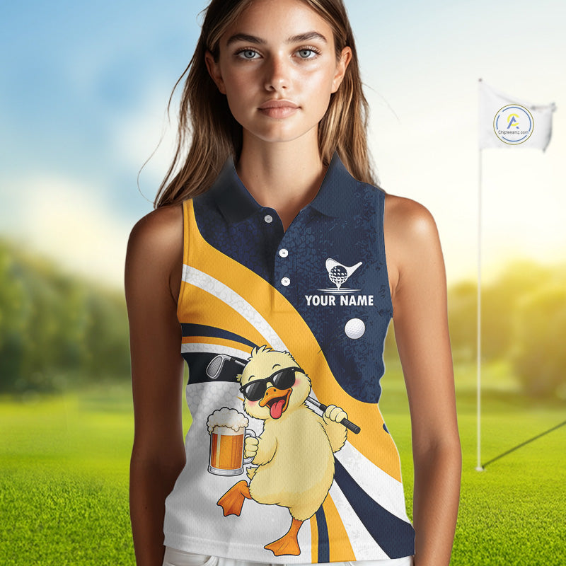 Funny Duck Women Sleeveless Golf Polo Shirt, Cute Duck With Beer Print Shirt, Golf Gifts NBT1100