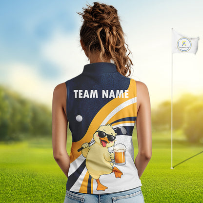 Funny Duck Women Sleeveless Golf Polo Shirt, Cute Duck With Beer Print Shirt, Golf Gifts NBT1100