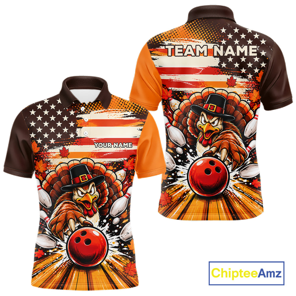 Custom Funny Thanksgiving Turkey American Flag Bowling Men Polo Shirts, Bowling League Shirt NBT1236