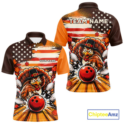 Custom Funny Thanksgiving Turkey American Flag Bowling Men Polo Shirts, Bowling League Shirt NBT1236