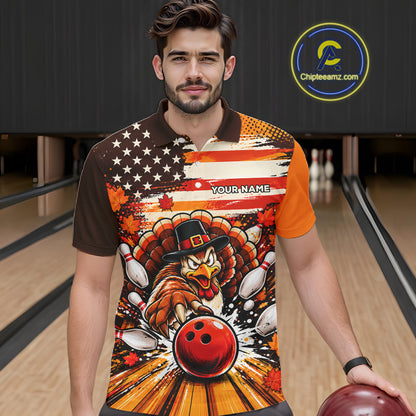Custom Funny Thanksgiving Turkey American Flag Bowling Men Polo Shirts, Bowling League Shirt NBT1236