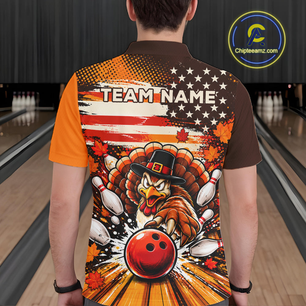 Custom Funny Thanksgiving Turkey American Flag Bowling Men Polo Shirts, Bowling League Shirt NBT1236