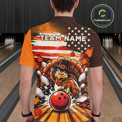 Custom Funny Thanksgiving Turkey American Flag Bowling Men Polo Shirts, Bowling League Shirt NBT1236