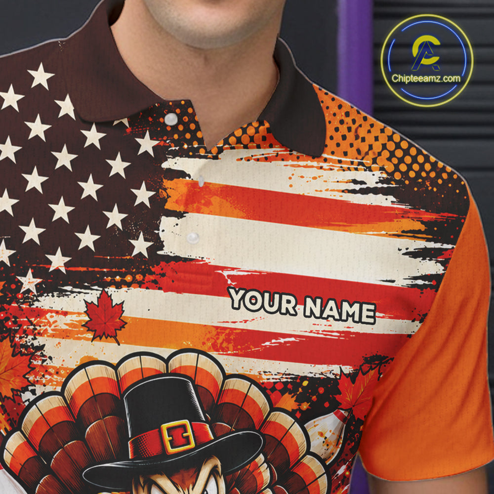 Custom Funny Thanksgiving Turkey American Flag Bowling Men Polo Shirts, Bowling League Shirt NBT1236