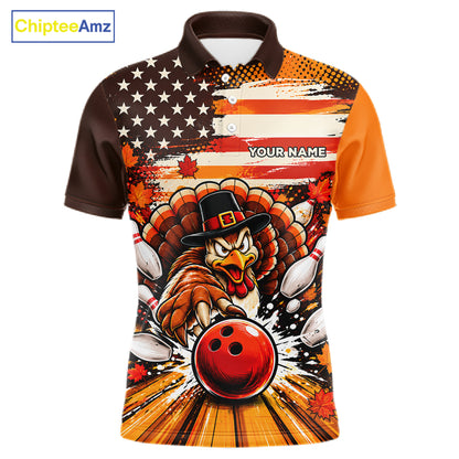 Custom Funny Thanksgiving Turkey American Flag Bowling Men Polo Shirts, Bowling League Shirt NBT1236