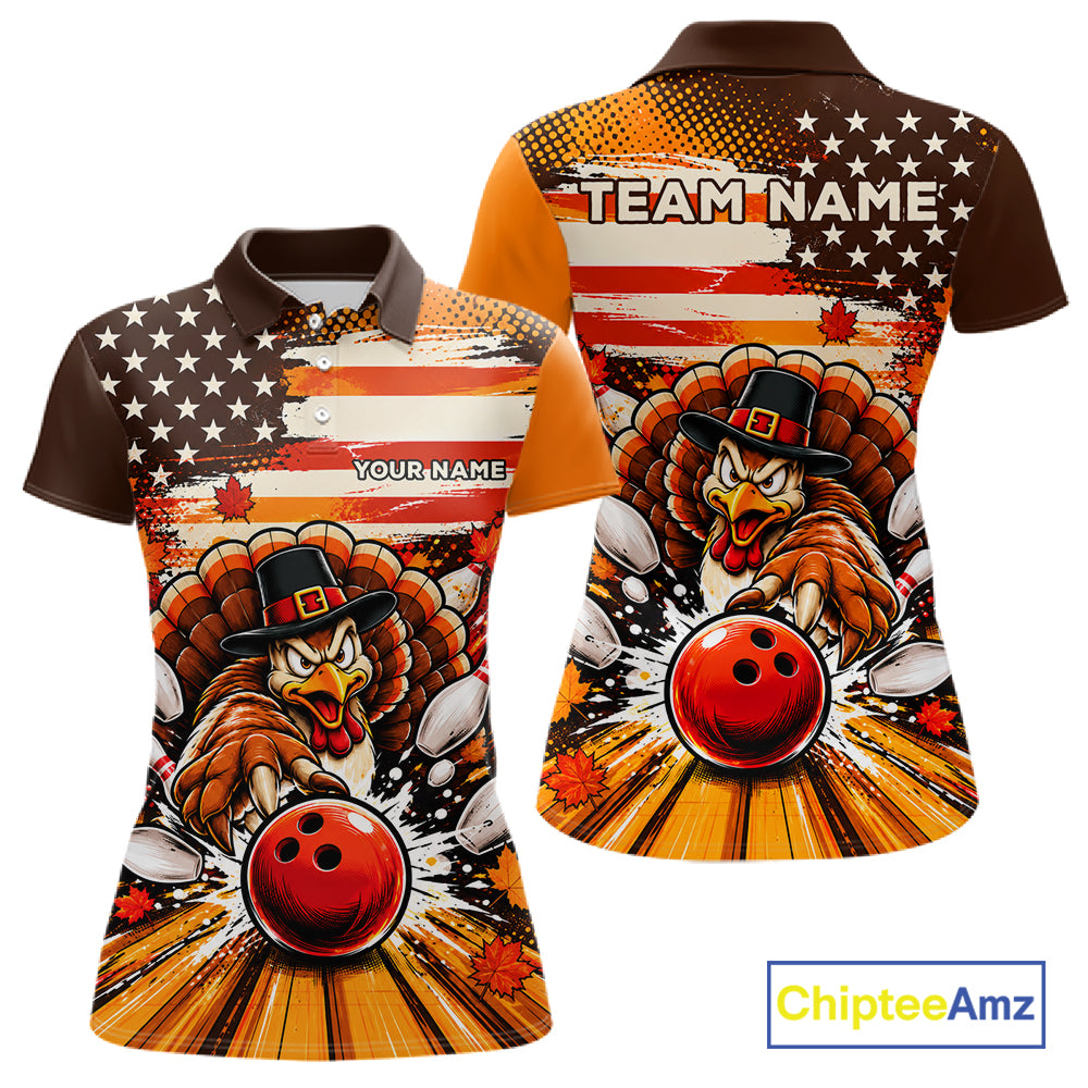 Custom Funny Thanksgiving Turkey American Flag Bowling Women Polo Shirts, Bowling League Shirt NBT1236