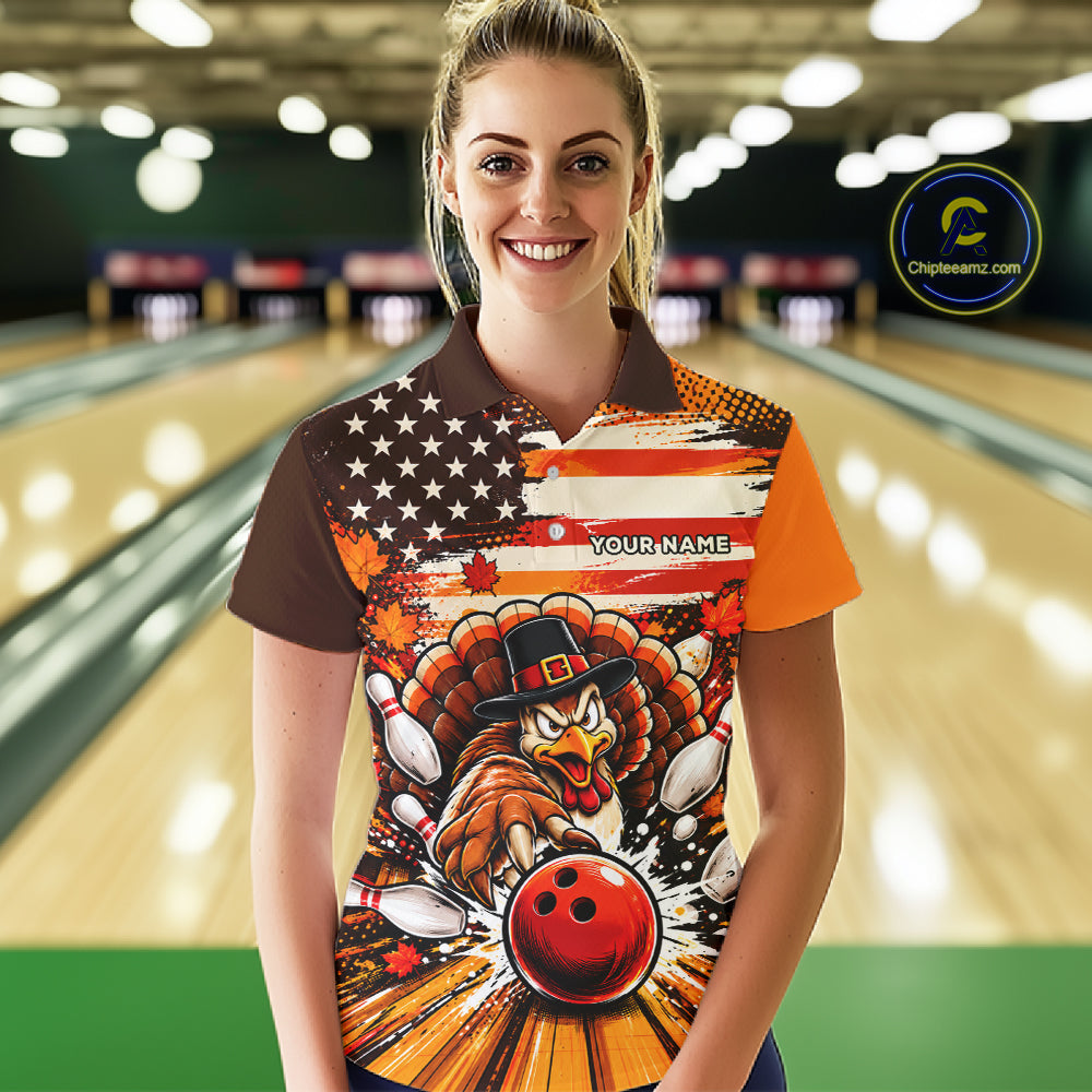 Custom Funny Thanksgiving Turkey American Flag Bowling Women Polo Shirts, Bowling League Shirt NBT1236