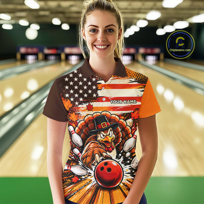 Custom Funny Thanksgiving Turkey American Flag Bowling Women Polo Shirts, Bowling League Shirt NBT1236