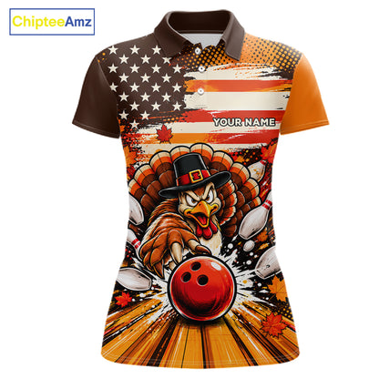 Custom Funny Thanksgiving Turkey American Flag Bowling Women Polo Shirts, Bowling League Shirt NBT1236