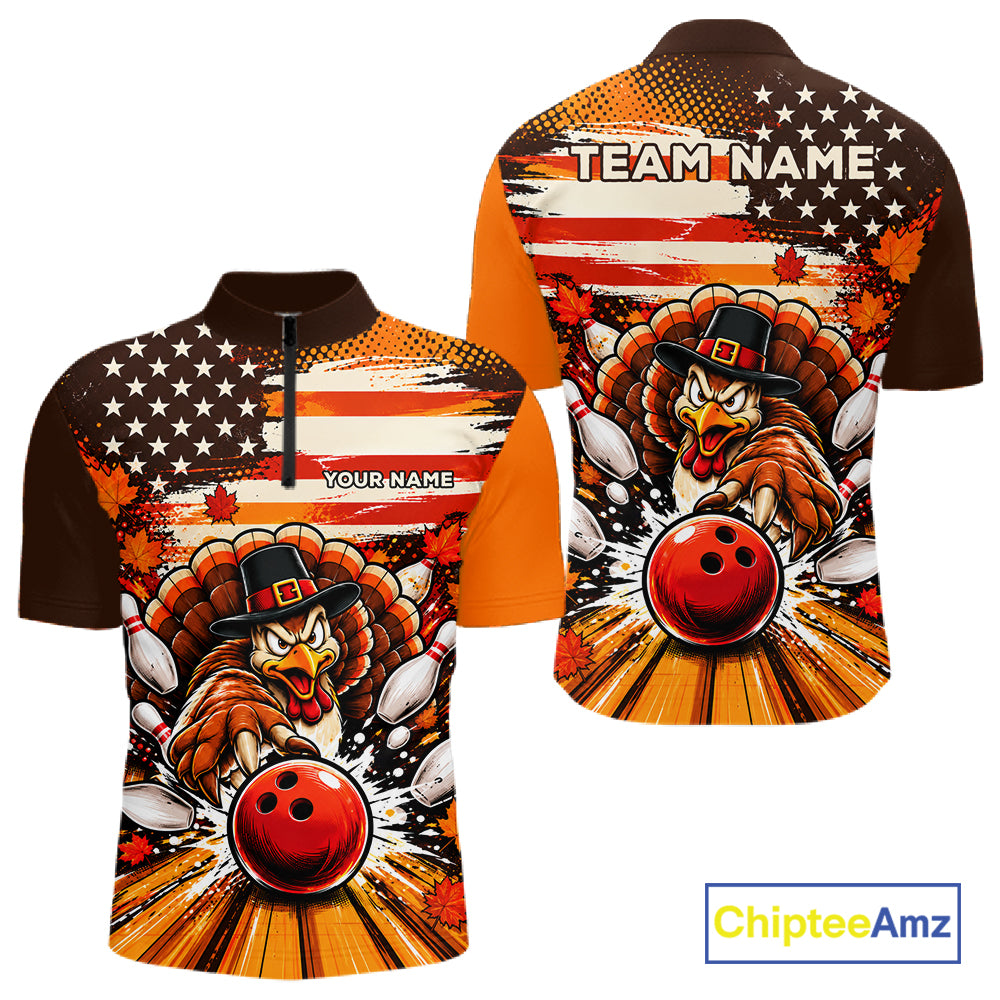 Custom Funny Thanksgiving Turkey American Flag Bowling Men Polo Shirts, Bowling League Shirt NBT1236