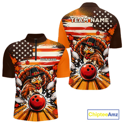 Custom Funny Thanksgiving Turkey American Flag Bowling Men Polo Shirts, Bowling League Shirt NBT1236