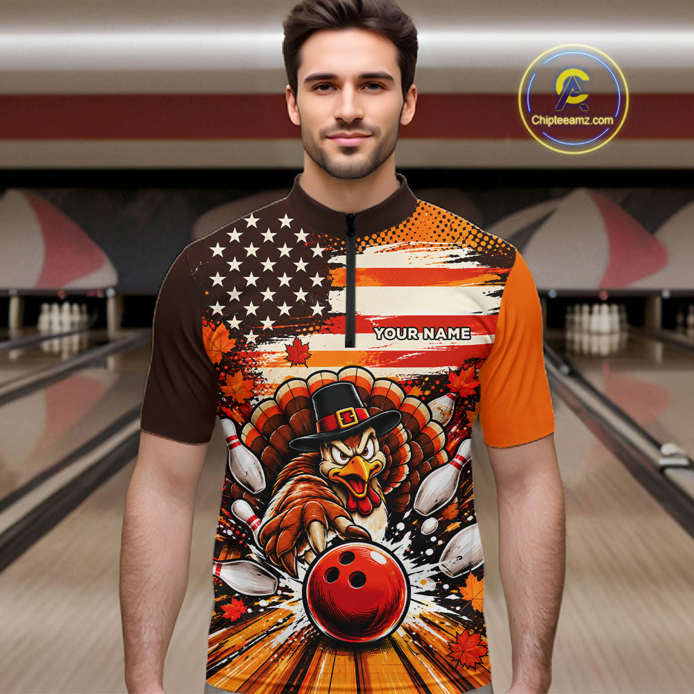 Custom Funny Thanksgiving Turkey American Flag Bowling Men Polo Shirts, Bowling League Shirt NBT1236