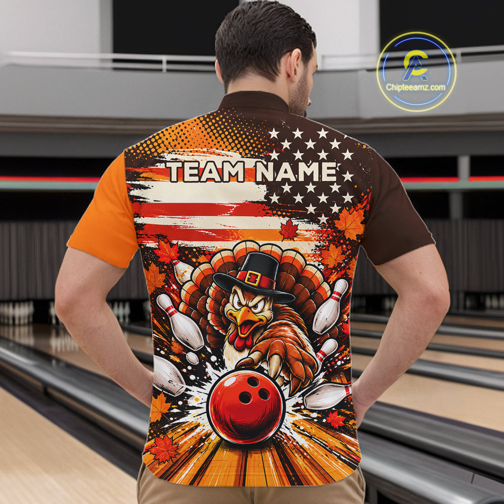 Custom Funny Thanksgiving Turkey American Flag Bowling Men Polo Shirts, Bowling League Shirt NBT1236