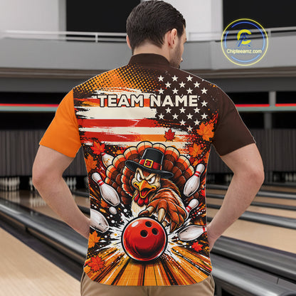 Custom Funny Thanksgiving Turkey American Flag Bowling Men Polo Shirts, Bowling League Shirt NBT1236
