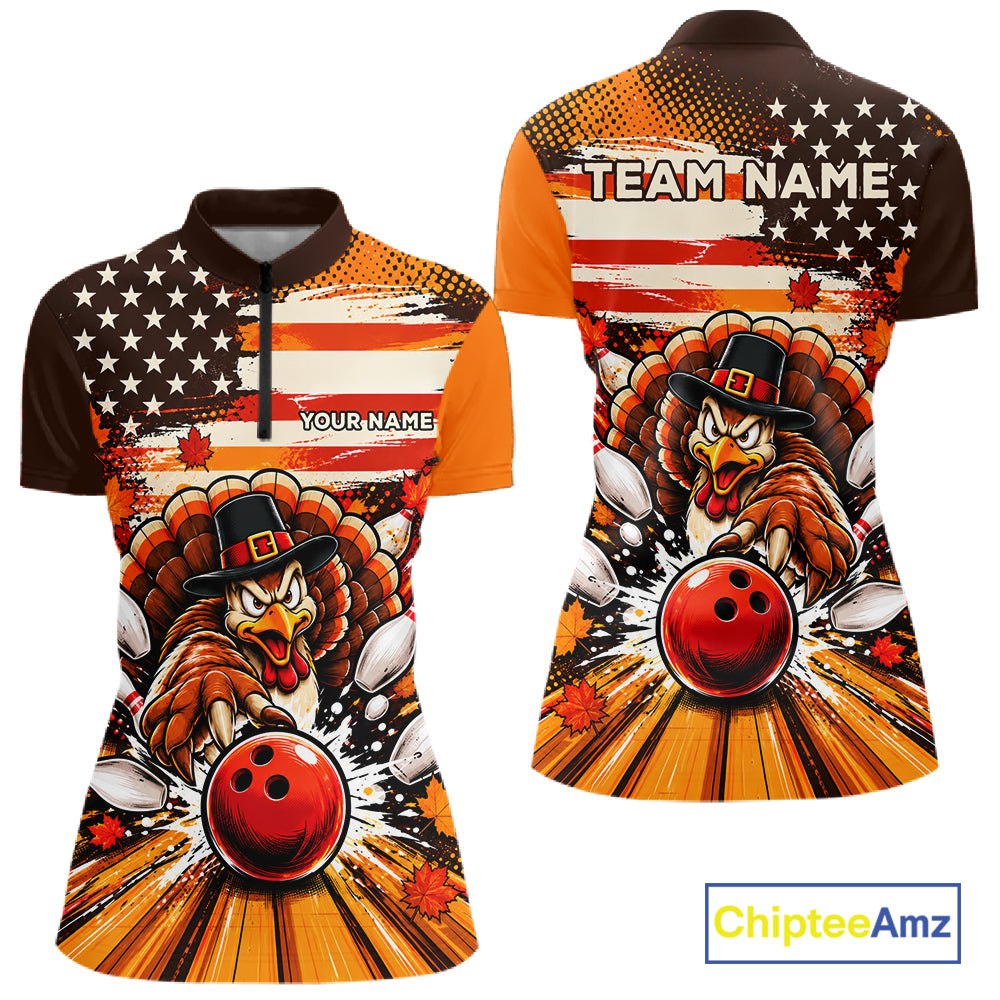 Custom Funny Thanksgiving Turkey American Flag Bowling Women Polo Shirts, Bowling League Shirt NBT1236