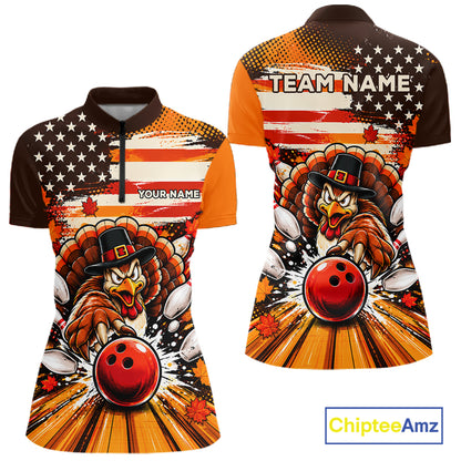 Custom Funny Thanksgiving Turkey American Flag Bowling Women Polo Shirts, Bowling League Shirt NBT1236