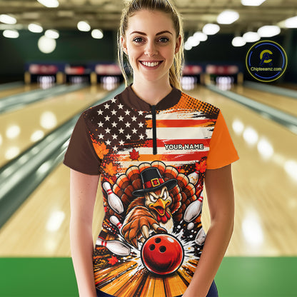 Custom Funny Thanksgiving Turkey American Flag Bowling Women Polo Shirts, Bowling League Shirt NBT1236