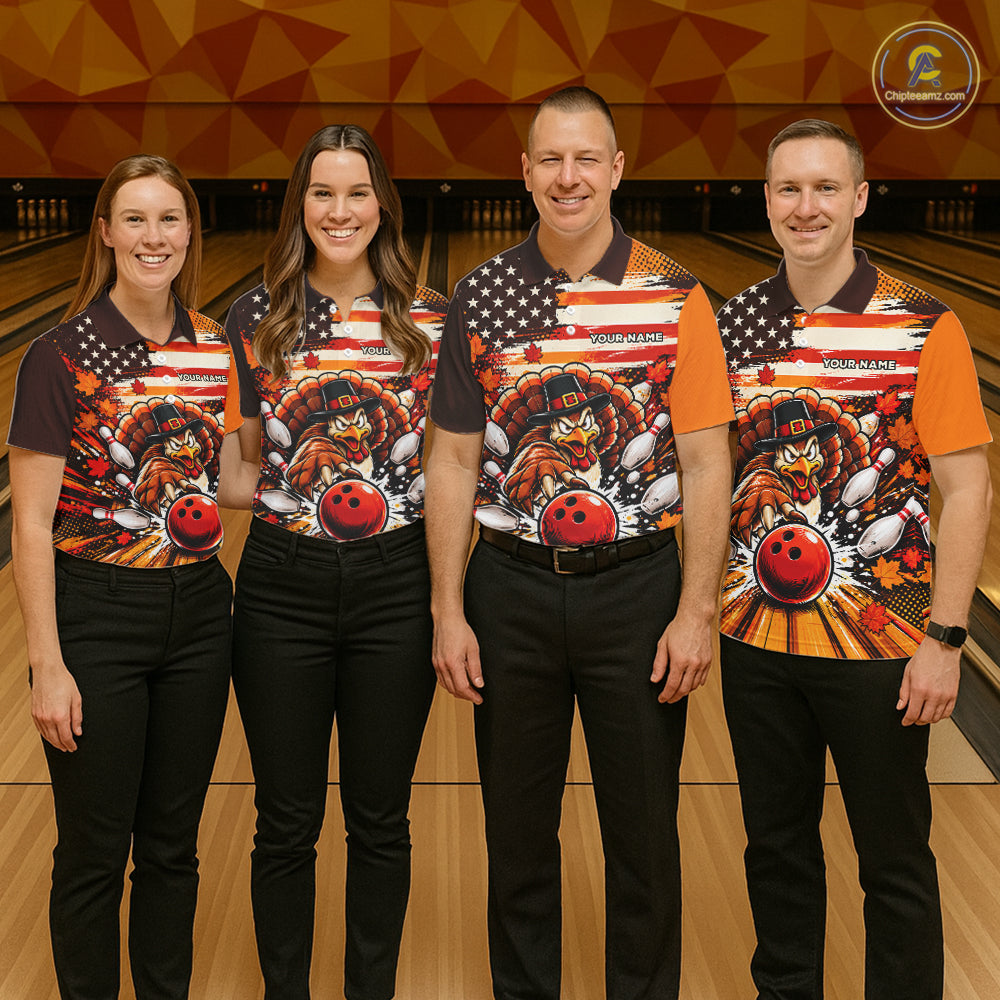 Custom Funny Thanksgiving Turkey American Flag Bowling Men Polo Shirts, Bowling League Shirt NBT1236