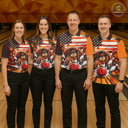 Custom Funny Thanksgiving Turkey American Flag Bowling Men Polo Shirts, Bowling League Shirt NBT1236